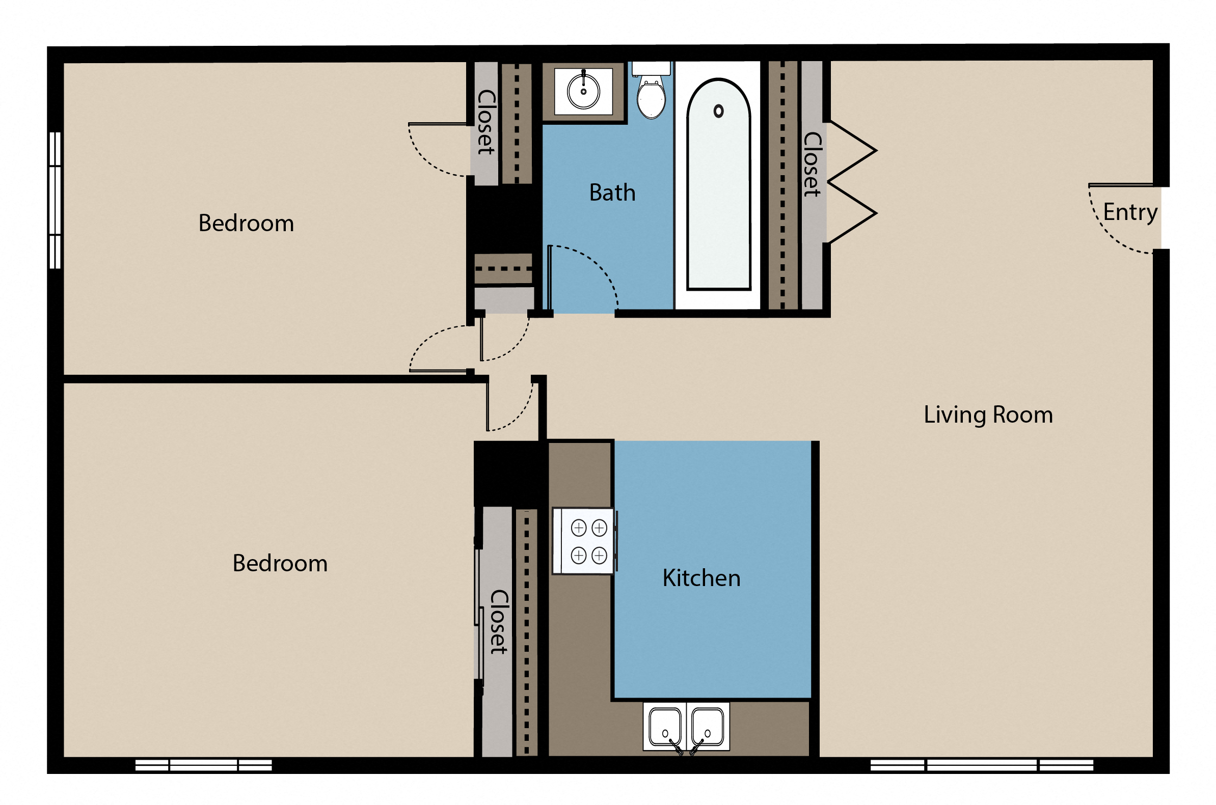 Floor plan for 2 beds, 1 bath, 800 sqft